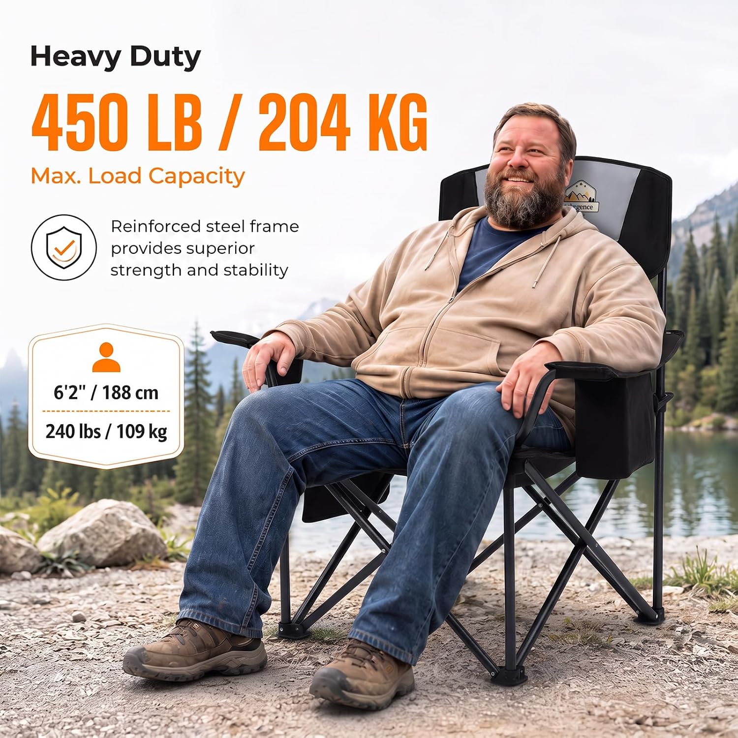 Colegence Oversized Heavy Duty Camping Chairs, 2 Pack, 450 lb, Black