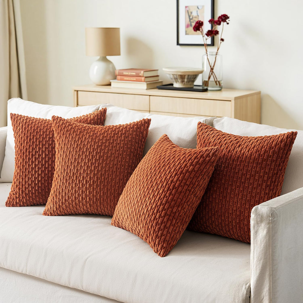 MIULEE Fall Terracotta Decorative Throw Pillow Covers for Couch Sofa Living Room Set of 4 Rustic Striped Cushion Covers Corduroy Pillowcases Farmhouse Home Decor 18x18 Inch Burnt Orange