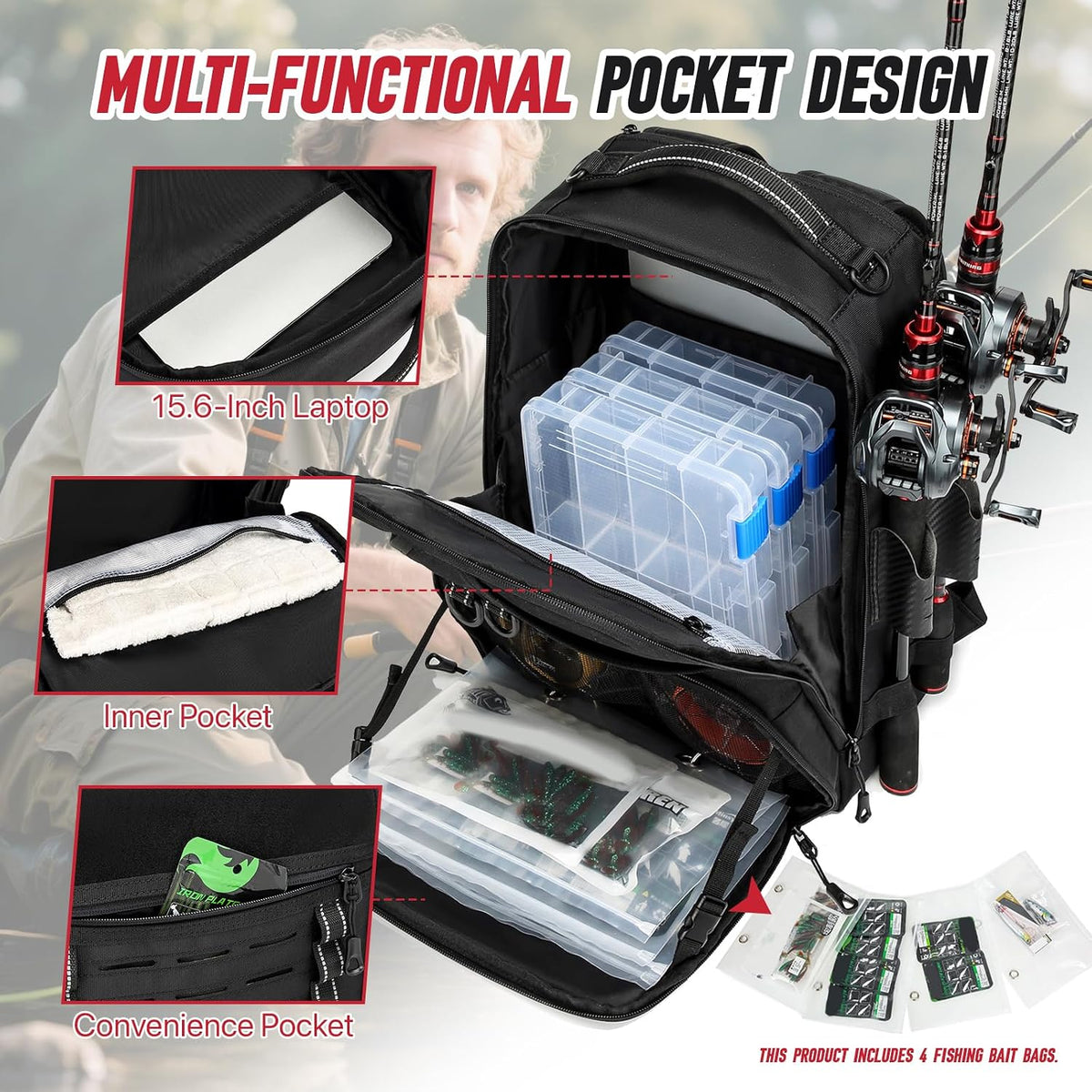 Fishing Tackle Backpack with 2 Rod Holders, Water-Resistant Fishing Gear Storage Bag, Tackle Bag for Fishing Equipment, Fisher Gifts For Men, Black