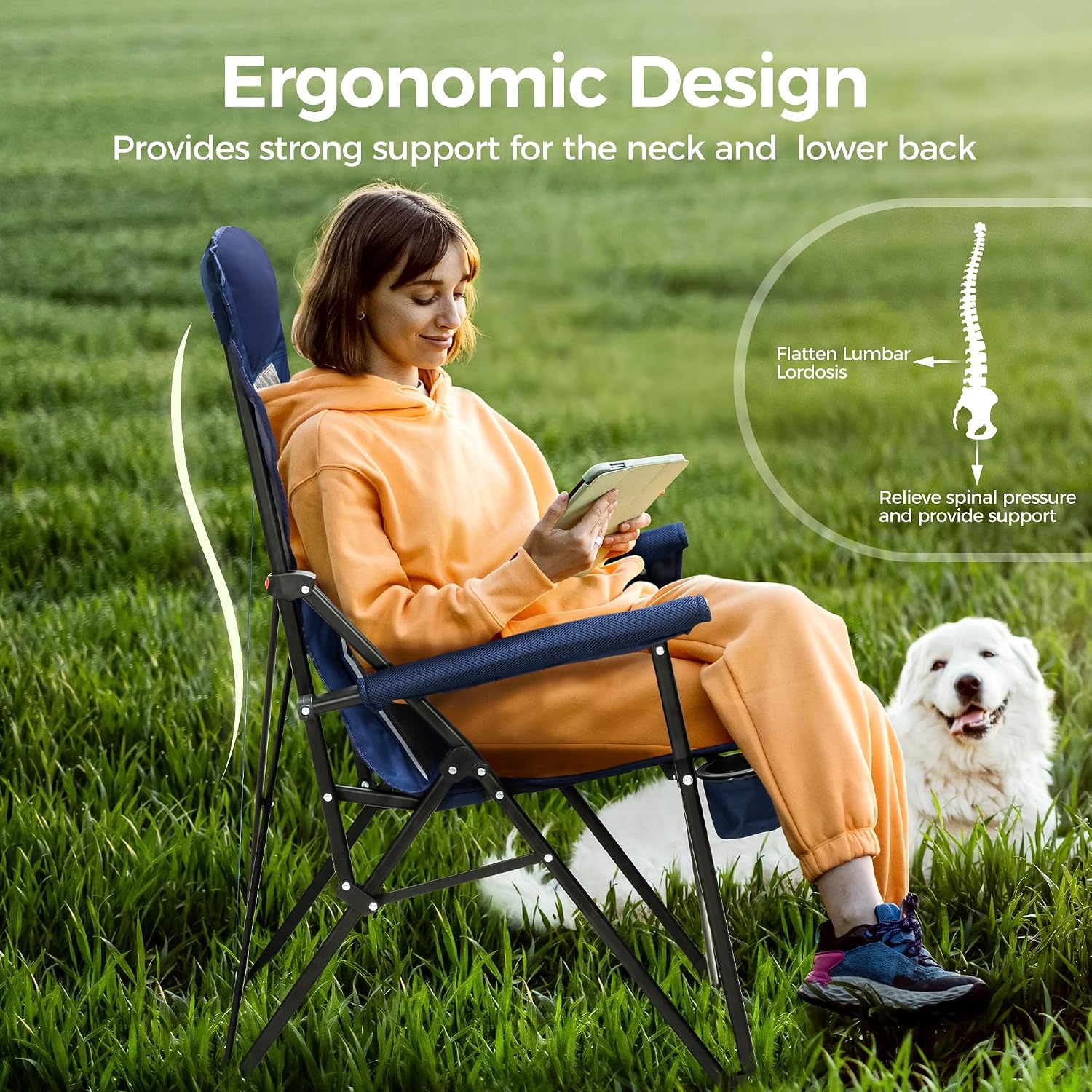 ALPHA CAMP Heavy Duty Camping Chairs with Cup Holder Oversized Folding Chair 500LBS Capacity Outdoor Chair with Headrest,Lawn with Side Pocket for Lawn, Sports and Fishing