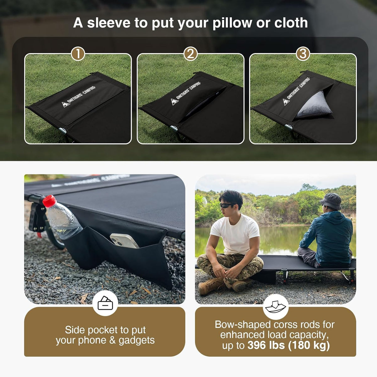 ONETIGRIS SUPRAGRIS Camping Cot, Support Up to 400lbs, Lightweight Comfortable Folding Bed for Camping, Hiking, Backpacking, Travel, Car Trips, Office Nap (Black)
