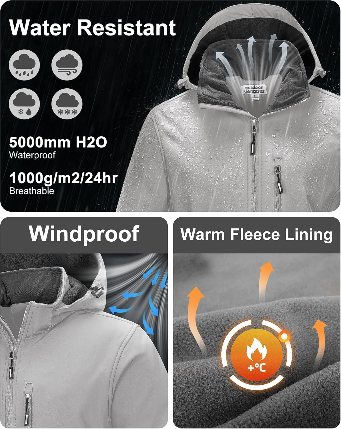 Outdoor Ventures Men's Softshell Jacket Waterproof Fleece Rain Shell Coat