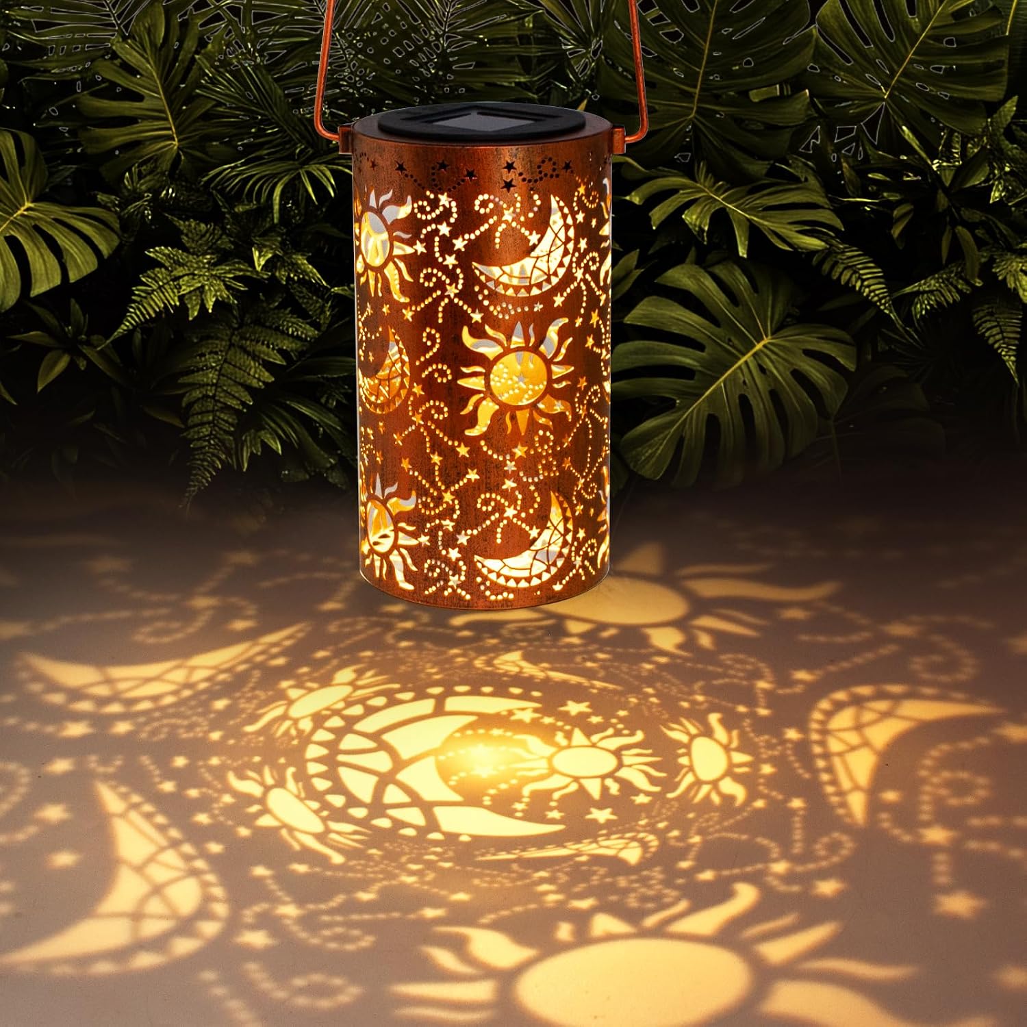 DIBIEECN Birthday Gifts for Women Mom Grandma Wife, Solar Lanterns Outdoor Waterproof, Metal Hanging Lights Garden Decor, LED Decorative Lantern for Patio Porch Backyard, Sun and Moon, 1 Pack