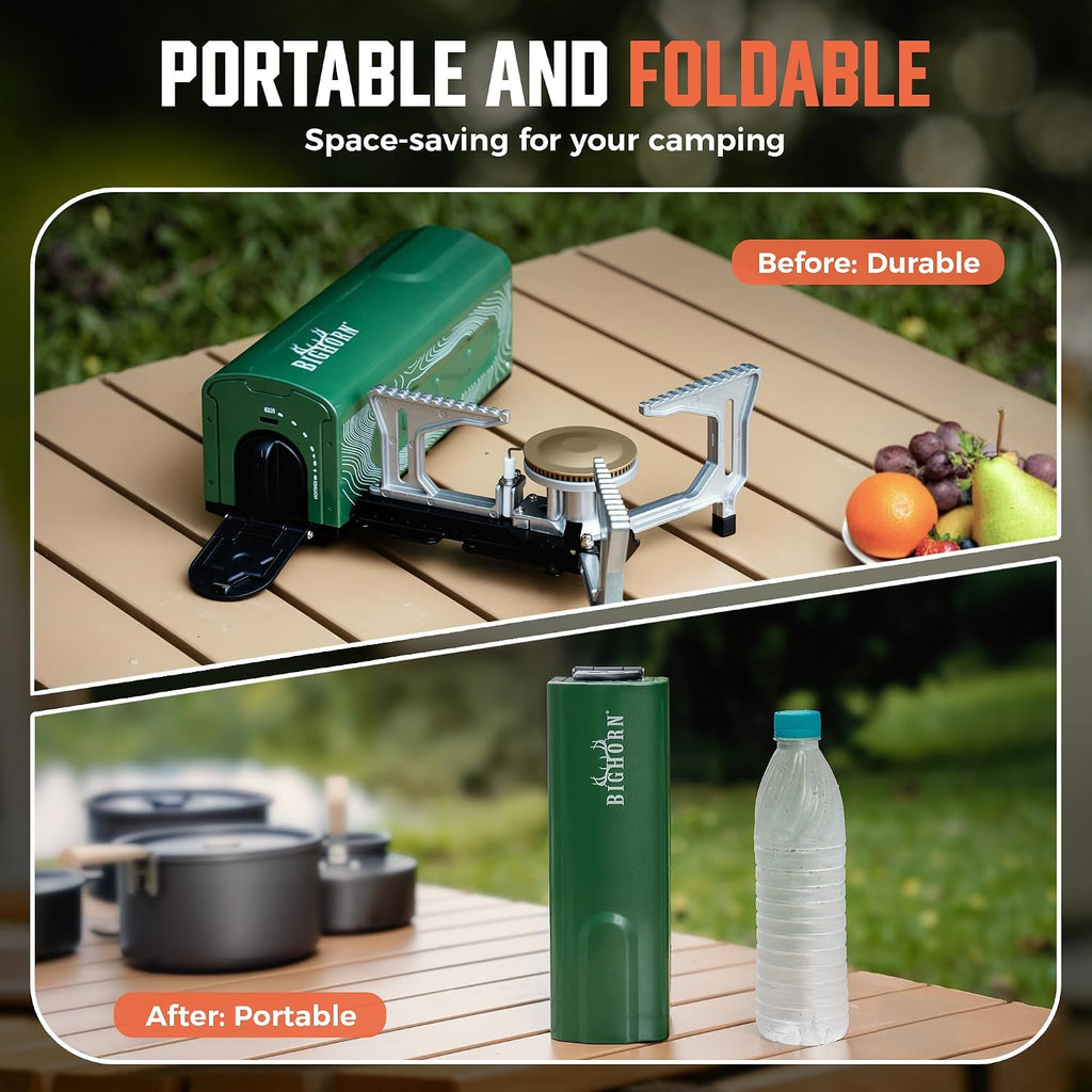 BIG HORN OUTDOORS Butane Camping Stove, Portable Folding Gas Burner with Carry Bag for Camping, Emergency Use and Outdoor Cooking