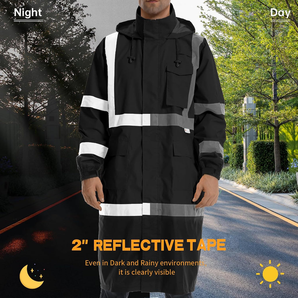 Hi Vis Rain Jacket with 3M Reflective Stripe,High Visibility Class 3 Rain coats,Safety Waterproof Rain Suits for Men with Hood and 2 Large Pockets construction work rain gear(Black 6XL)