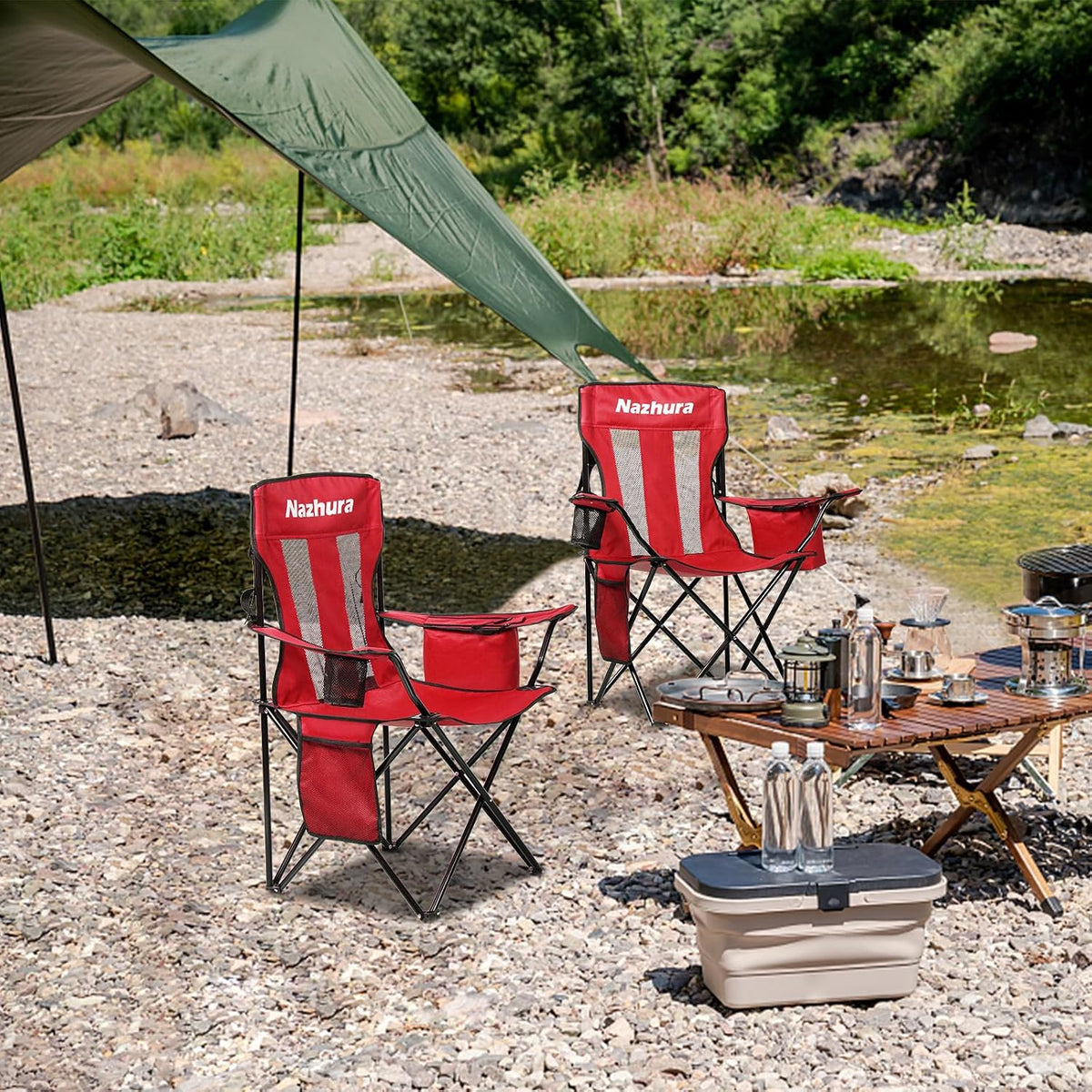 Nazhura 2 Pack Outdoor Camping Chairs Folding/Foldable/Portable with Cooler Pouch, Mesh Backrest and Cup Holder Pocket(Red, 2 Pack)
