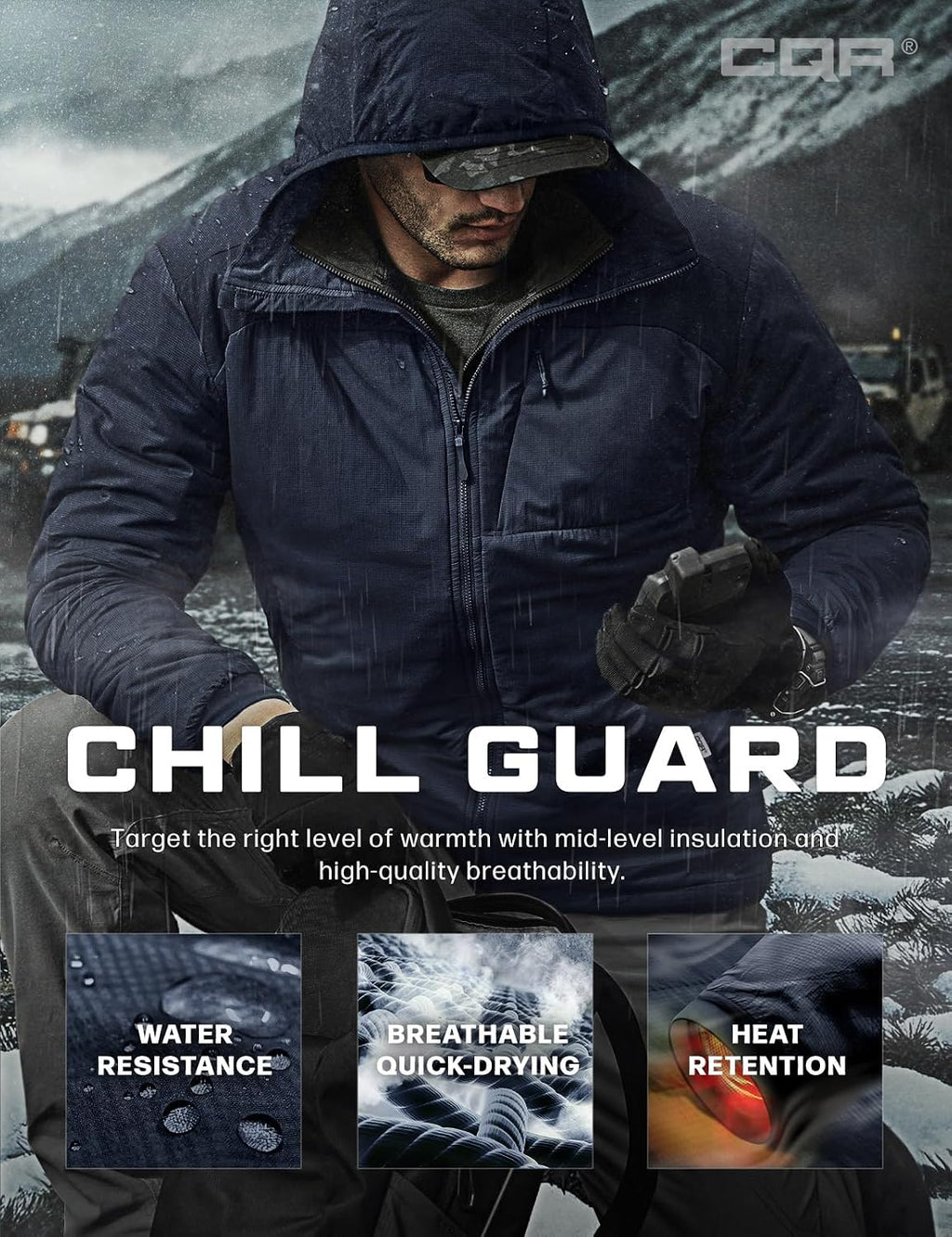 CQR Men's Lightweight Warm Insulated Jacket, Windproof Water Resistant Winter Active Coat for Hiking Work Outdoor Tactical