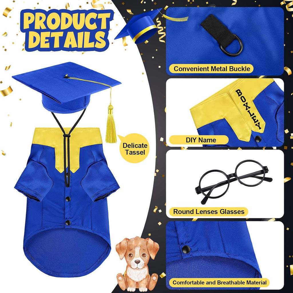 Huhumy 5 Pcs Dog Graduation Costume Set Include 2026 Pet Graduation Gown with Stole Puppy Grad Cap Lensless Glasses DIY Letter Stickers for Dogs Cats Holiday Costume Accessory(Blue Yellow,S)