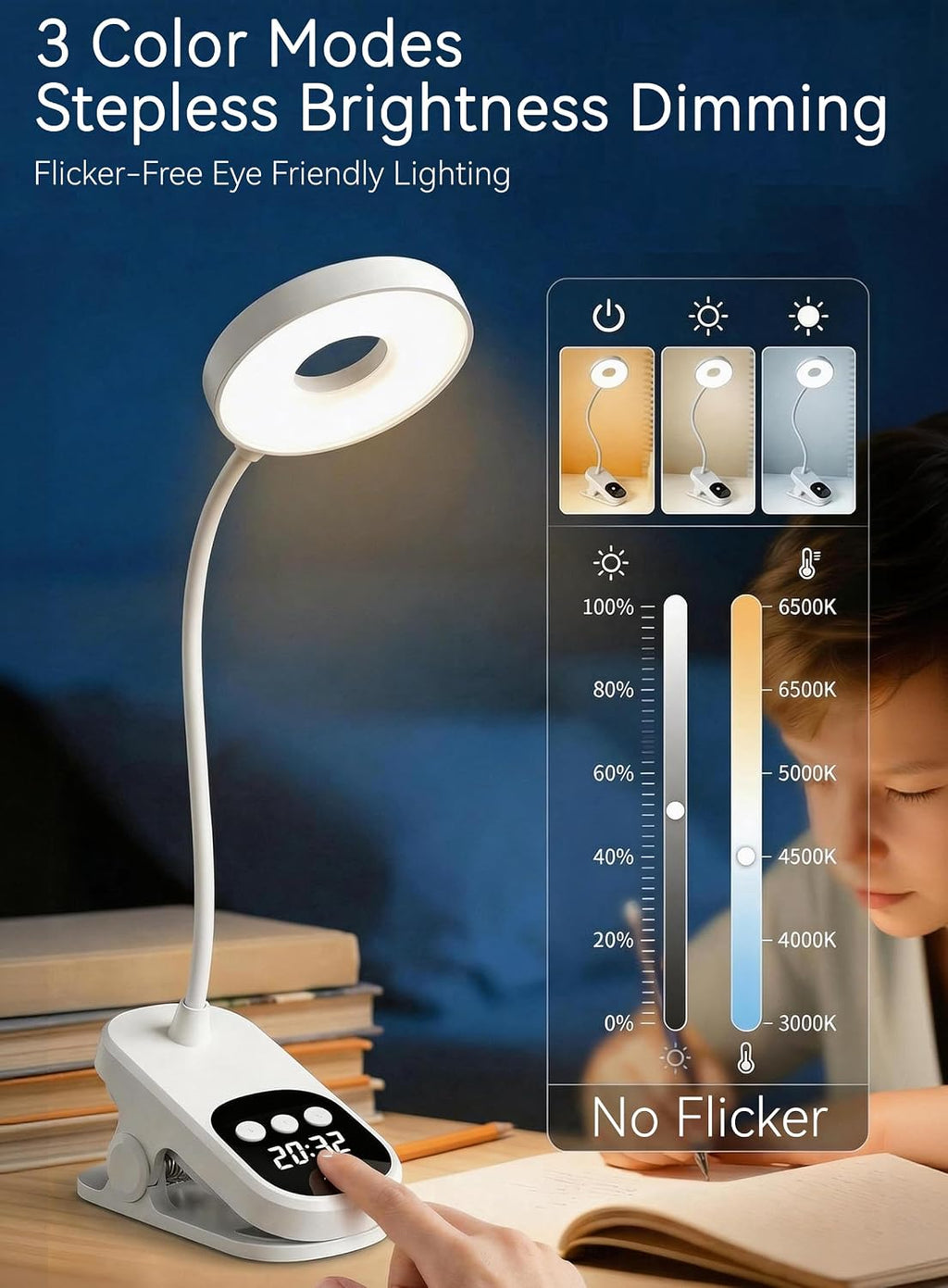 Clip On Desk Lamp Wireless 6000mAh Rechargeable LED Reading Light 3 Colors