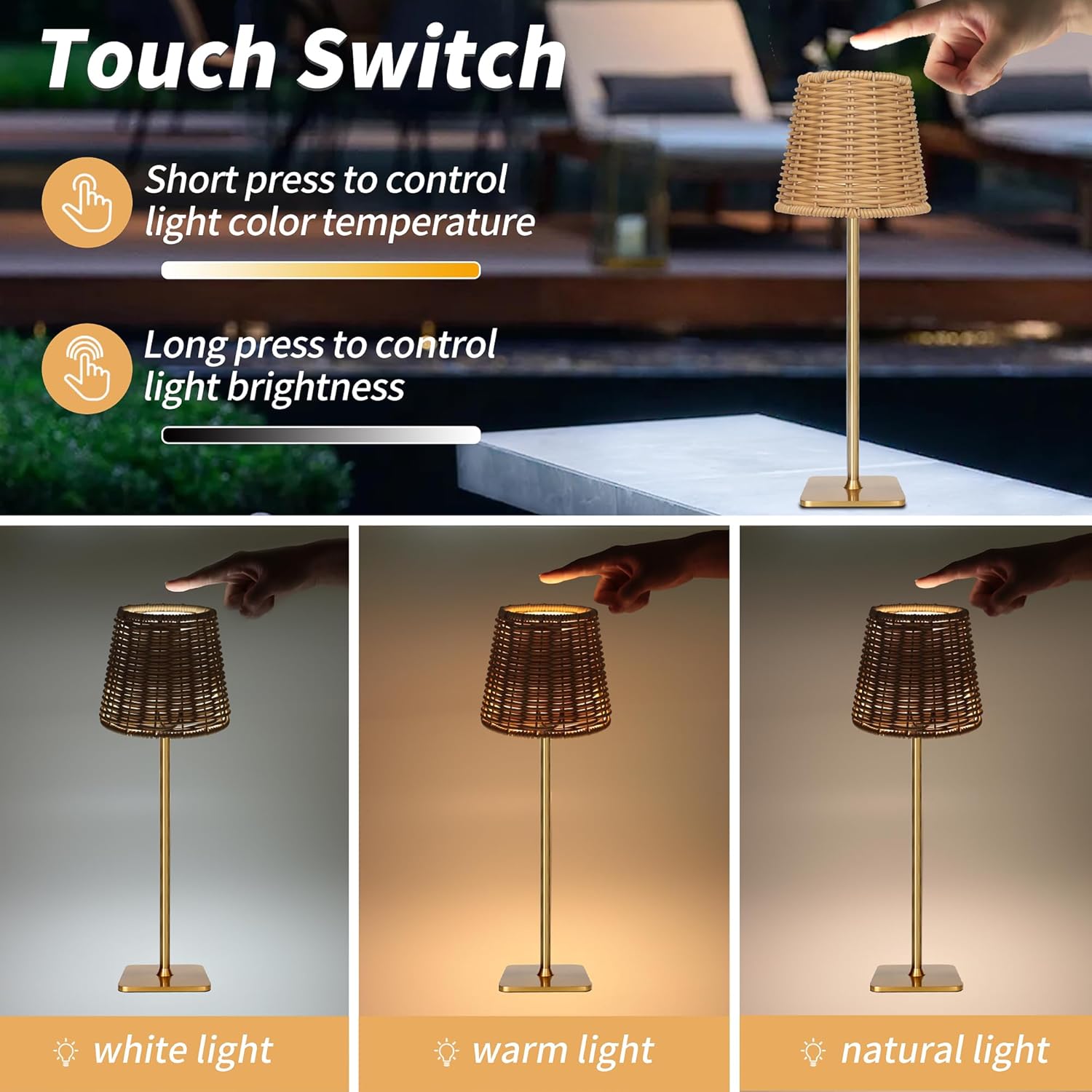 Mr. White Outdoor Waterproof Cordless Wireless Rechargeable Portable Top Touch Battery Operated Powered LED Table Lamp Desk Lamp Lights for Restaurant Kitchen Patio Dinner Dining (Gold)