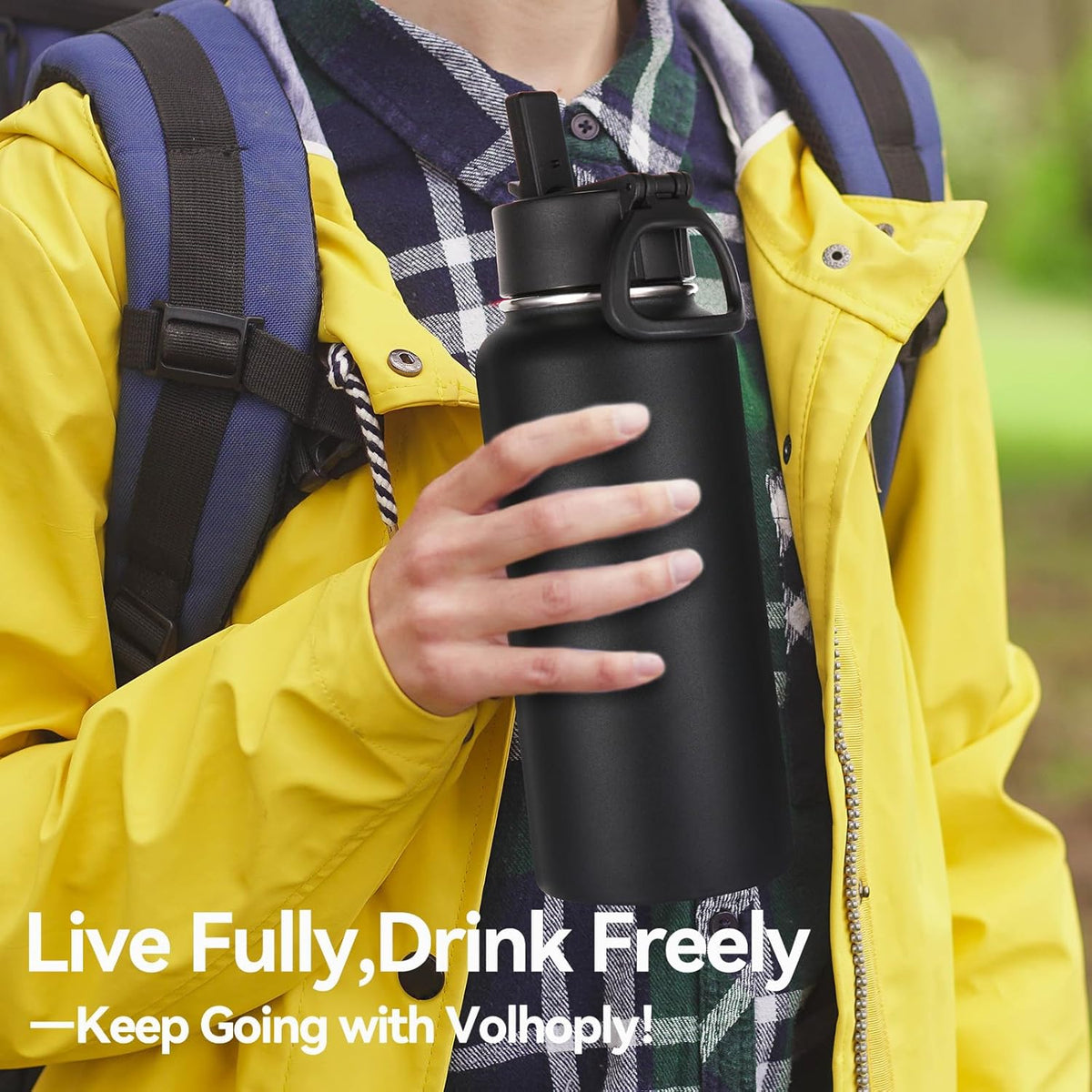 Volhoply 32oz Insulated Water Bottles Bulk 8 Pack with Straw Lid & Spout Lid,Stainless Steel Sports Water Bottle,Double Wall Vacuum Cups,Leakproof Wide Mouth Metal Flask for Hiking,Camping(Black,8)