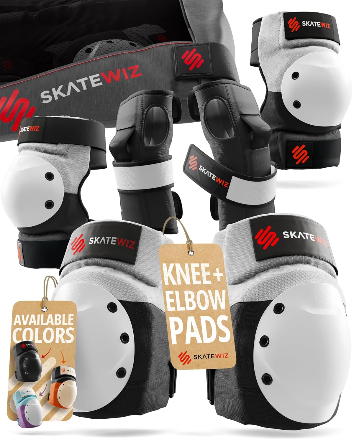 SKATEWIZ Bike Knee Pads - Skateboard Safety Gear - Shield - Size M/L Grey White - Skate & Skateboarding Wrist Guards for Skating Adult with Elbow Pads - Roller Skates, Inline Skates