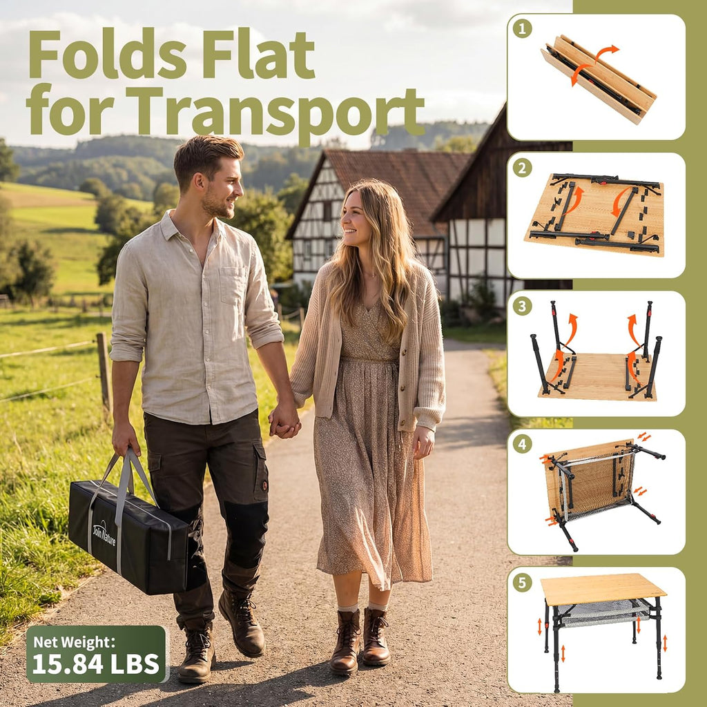 Join Nature Bamboo Folding Camping Table, Aluminum Adjustable Outdoor Table