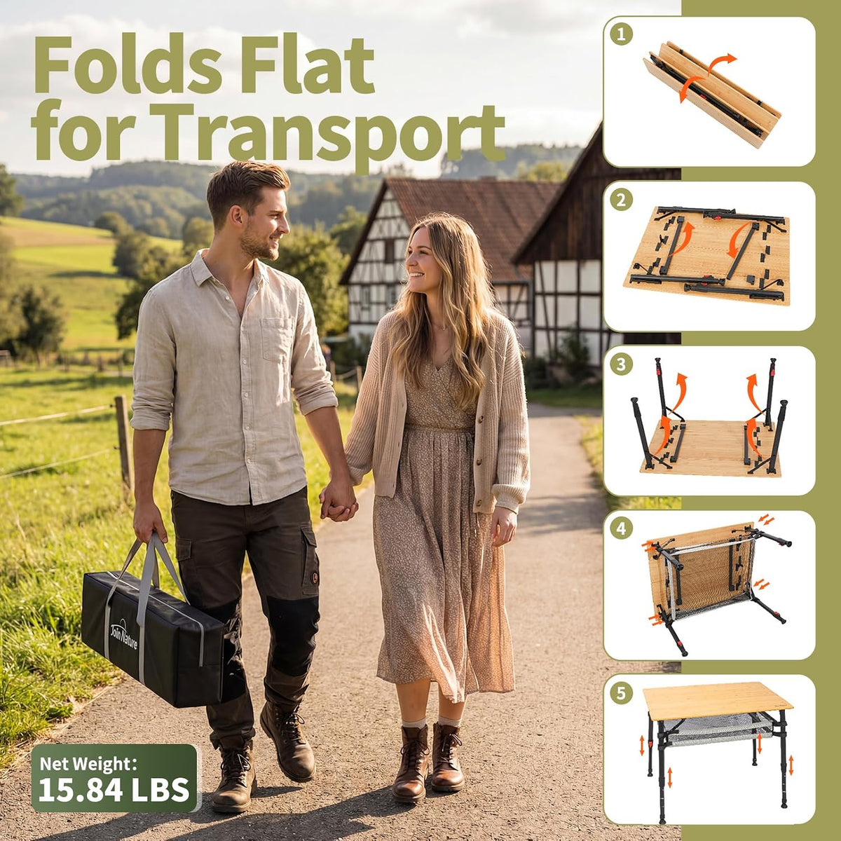 Join Nature Bamboo Folding Camping Table, Aluminum Adjustable Outdoor Table