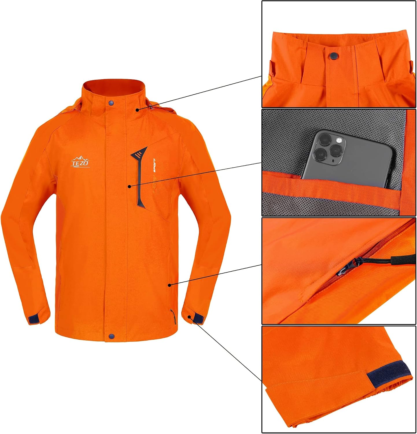 TEZO Mens Rain Jacket Waterproof with Hooded Hiking Coat Lightweight Windbreaker