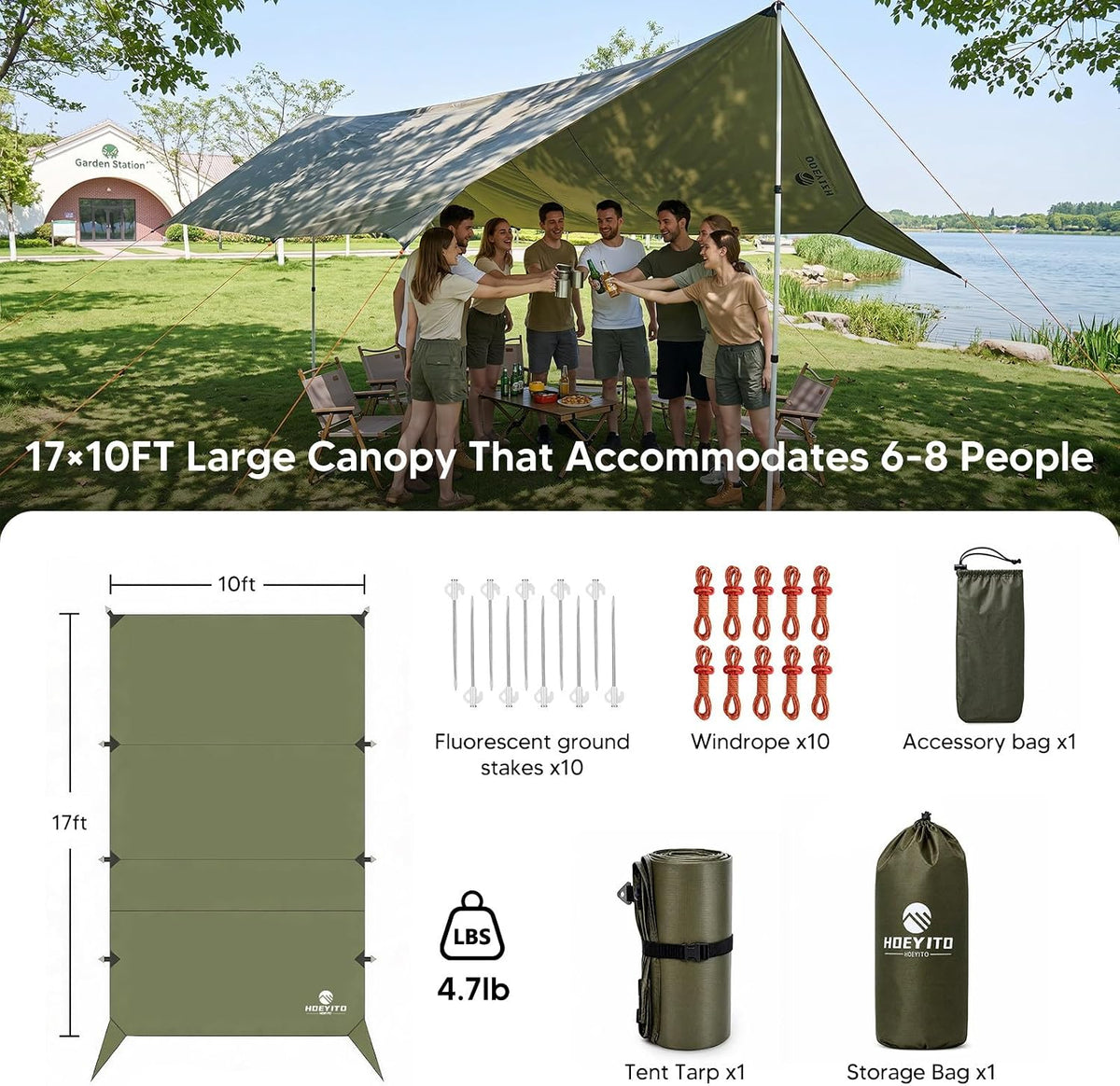 17x10 FT Large Camping Tarp Waterproof, Lightweight PU6000mm Rain Fly, UPF 100+ Sun Protection Camping Canopy & Tent Cover for Outdoor Camping, Picnic, Backpacking & Hammock (Note: Poles Not Included)