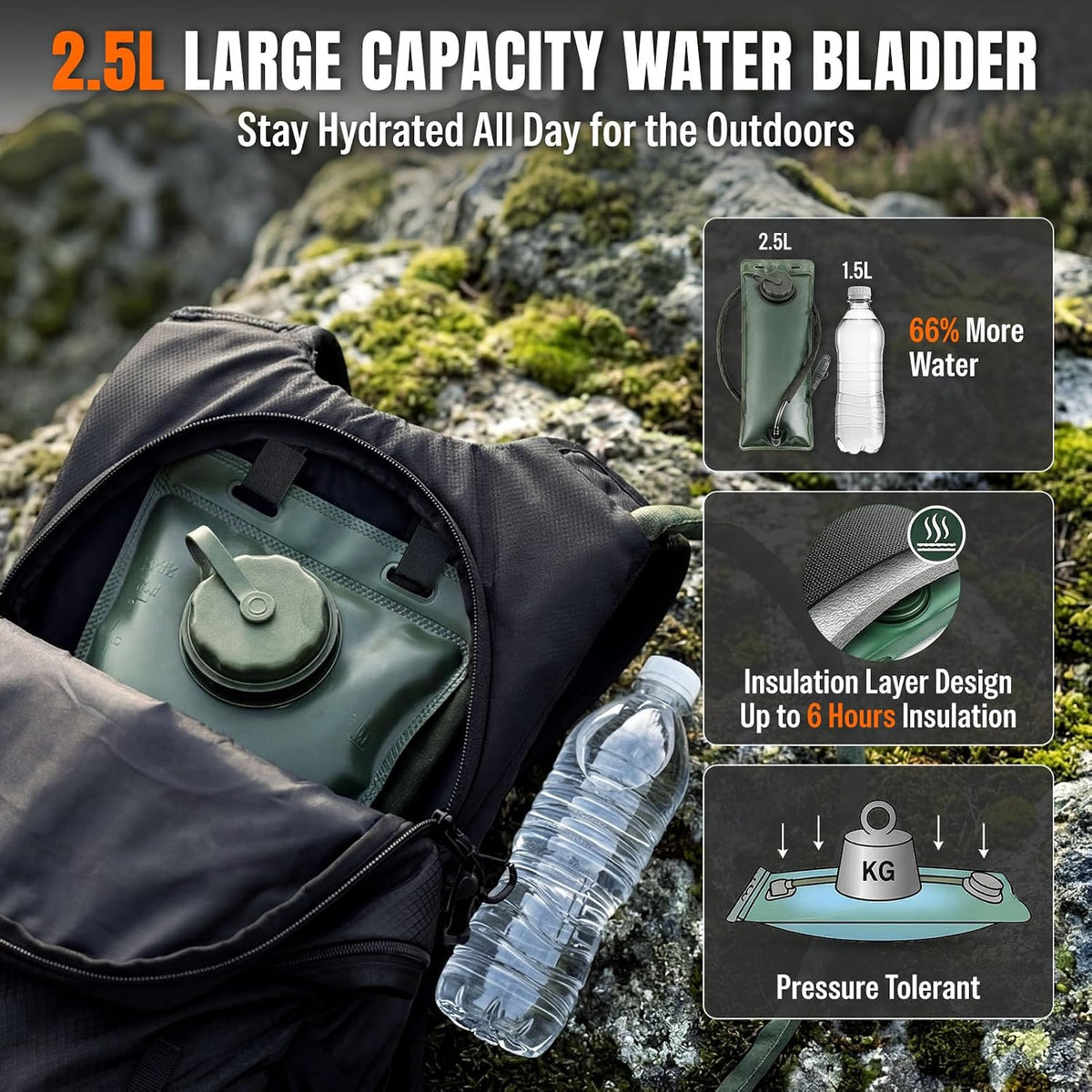 25L Hydration Hiking Backpack with Water Bladder, Detachable Phone Pouch