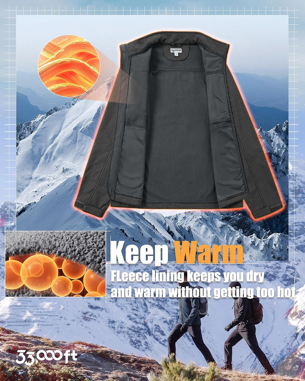 33,000ft Men's Waterproof Softshell Jacket Fleece Lightweight Windbreaker