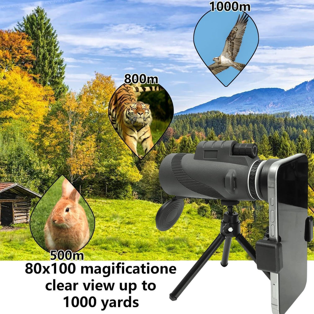 80X100 Monocular Telescope, High Power Monocular for Adults with Phone Adapter & Tripod & Hand Strap, Equipped with BAK4 Prism for Bird Watching (Black, 15.3x7cm)