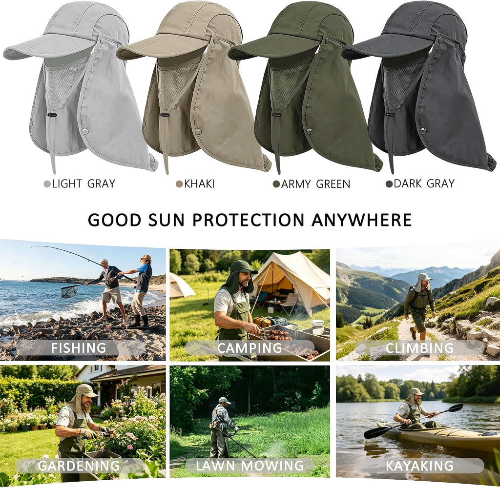 2Pack Men’s Foldable Sun Hat with Removable Face Mask & Neck Flap, UPF 50+ UV Protection, Quick-Drying Outdoor Fishing Cap