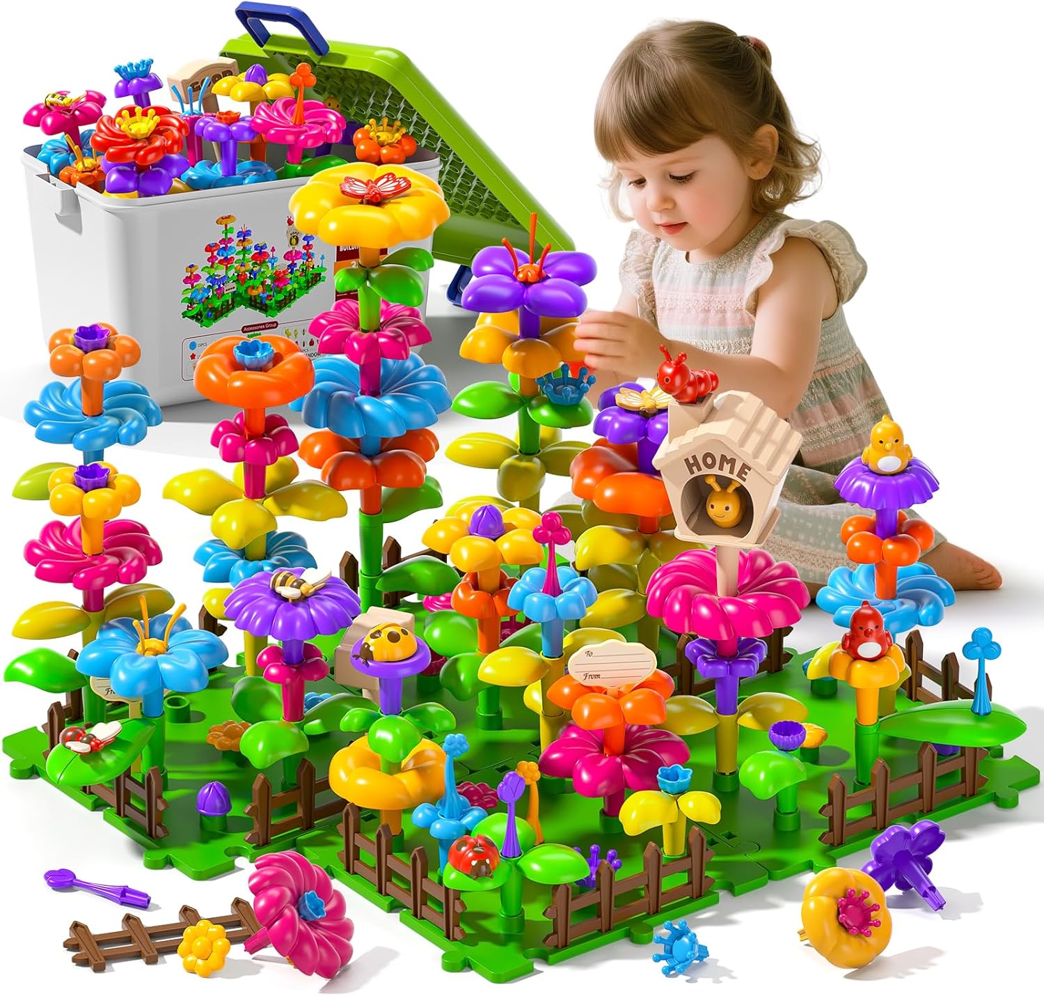 112 Pcs Flower Garden Toy, Toddler Girl Toys 3-4 Years Old Girls Gardening Building Gifts Set Best Educational Learning Fine DIY Crafts Stem Construction Stacking Kit for 3 4 5 6 7 Year Kids Birthday