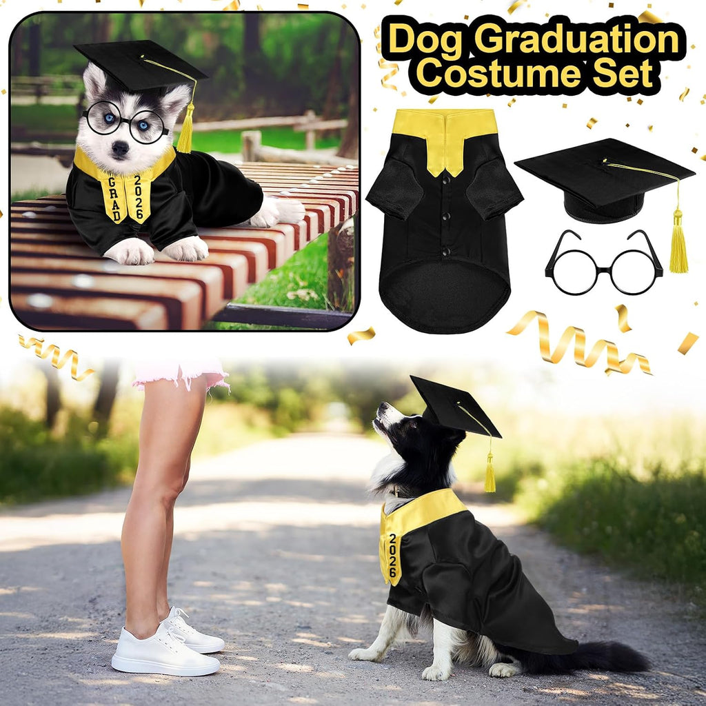Huhumy 5 Pcs Dog Graduation Costume Set Include 2026 Pet Graduation Gown with Stole Puppy Grad Cap Lensless Glasses DIY Letter Stickers for Dogs Cats Holiday Costume Accessory(Black Yellow,S)