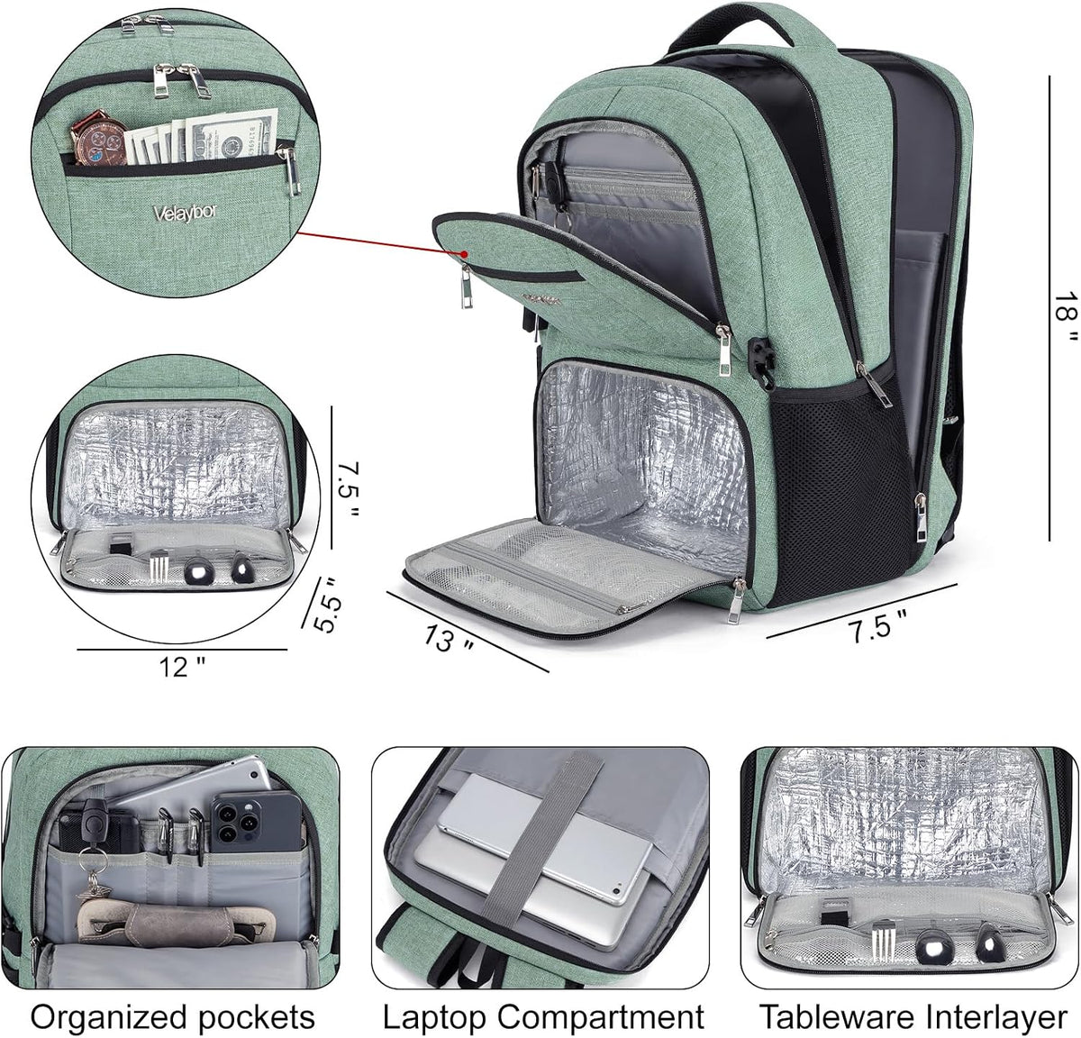 Insulated Lunch Backpack Fit 17" Laptop with Cooler Compartment