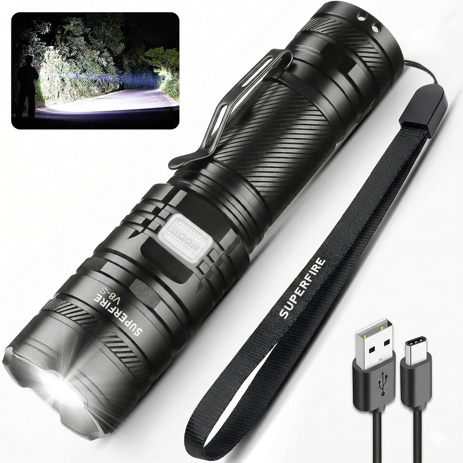 SuperFire Tactical Flashlight Rechargeable, USB-C 2300 Lumens LED Flashlight with Zoom, 5 Modes, IP46 Waterproof for Camping, Emergency & Power Outages