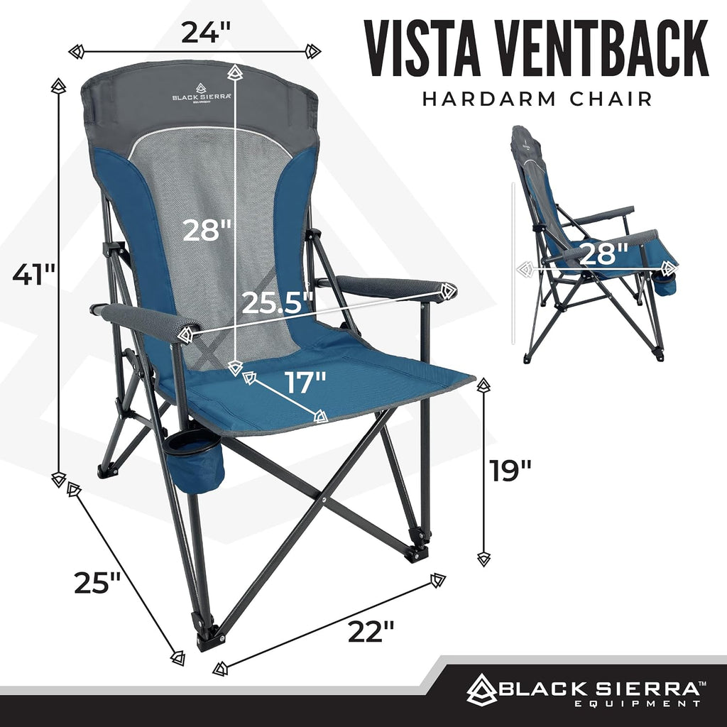 Black Sierra Ventilated Camping Chair, Breathable Mesh Back Folding Seat with Padded Armrests, Lightweight, Portable with Cup Holder & Carry Bag for Outdoors, Beach, Sports, Lawn, Picnic