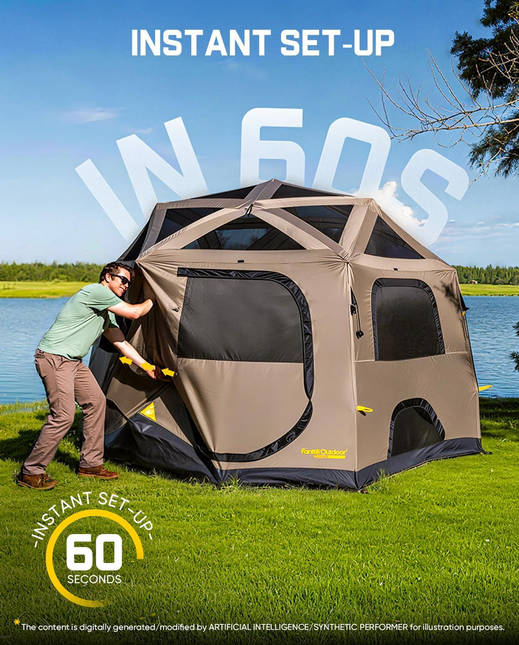 FanttikOutdoor Alpha C6 Pro Camping Tent 6 Person Pop Up Instant Cabin Setup in 60 Seconds, Portable Hub Tent with Compact Package & Internally Operated Windows for Family Camping