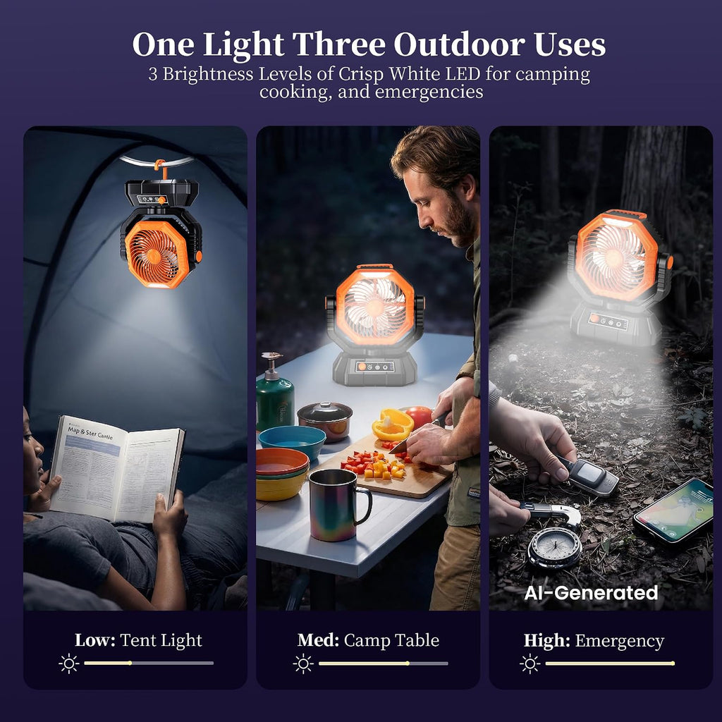 AJVV Camping Fan with Light, Remote and Oscillation, Battery Powered Hanging Tent Fan, Rechargeable Portable for Camp, Outdoor, Emergencies, Fishing, RV Travel, Jobsite
