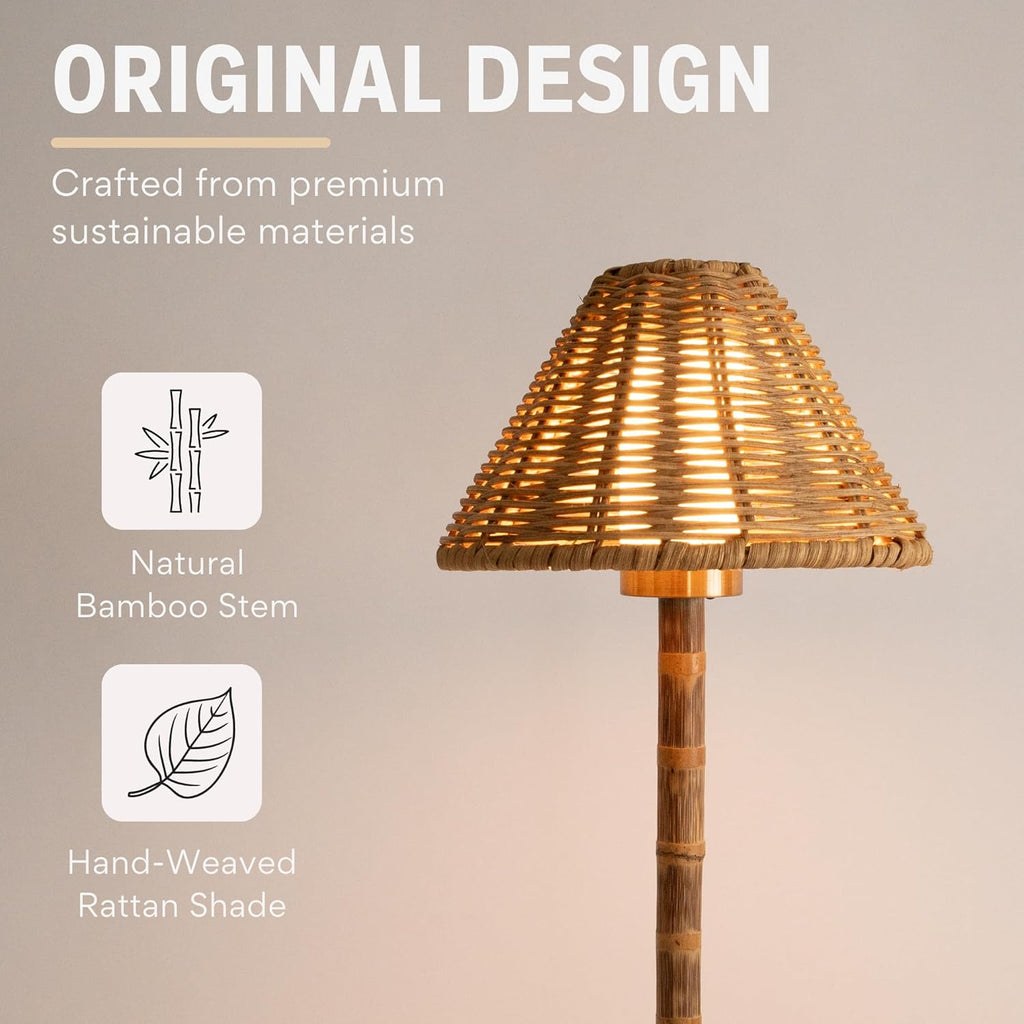 Bamboo Cordless LED Table Lamp – Rechargeable 24-Hour Battery, Dimmable Warm Light, Portable Wireless Lamp with Remote for Indoor/Outdoor Use, Home, Patio, Restaurant – (NATURAL RATTAN), 14.95" Tall