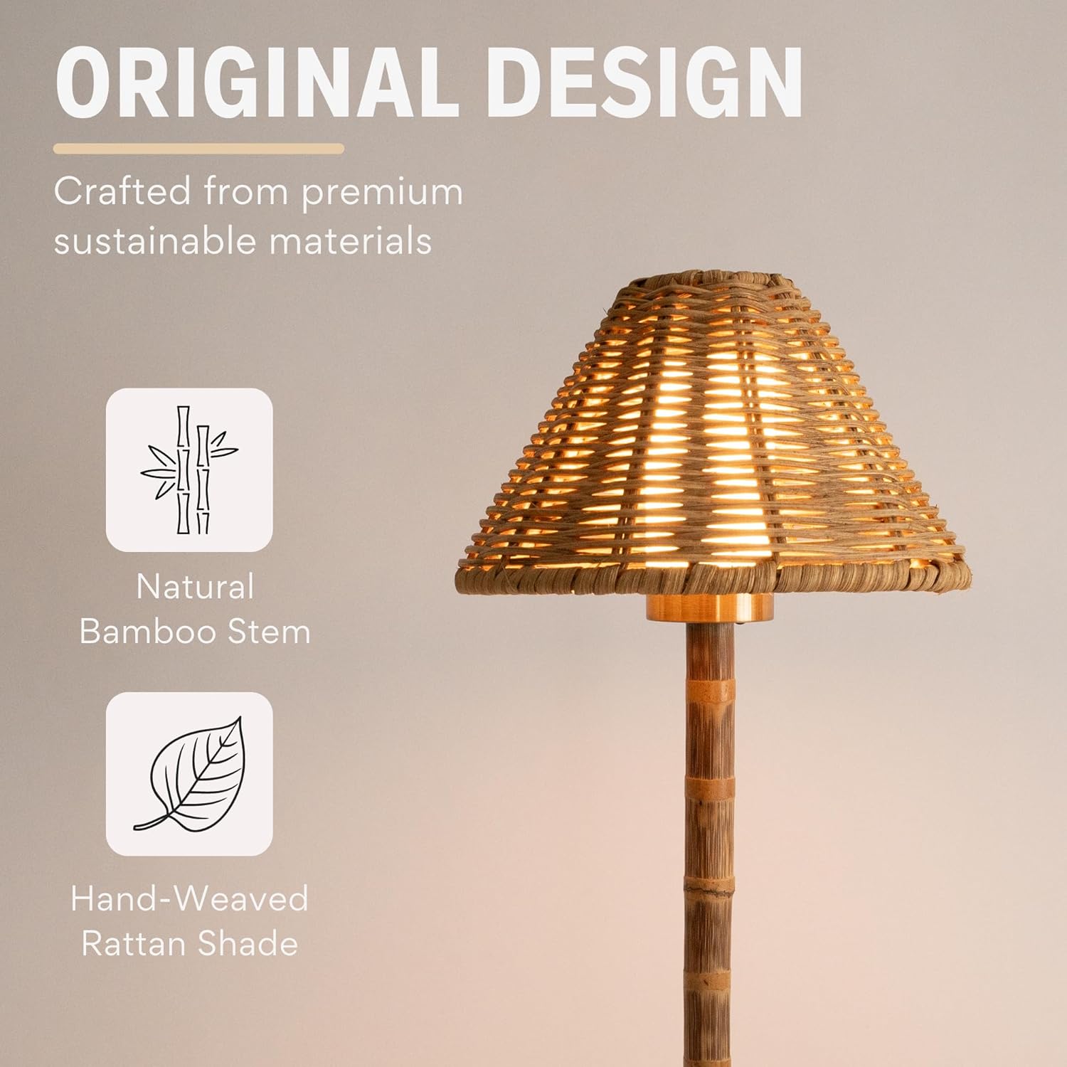 Bamboo Cordless LED Table Lamp – Rechargeable 24-Hour Battery, Dimmable Warm Light, Portable Wireless Lamp with Remote for Indoor/Outdoor Use, Home, Patio, Restaurant – (NATURAL RATTAN), 14.95" Tall