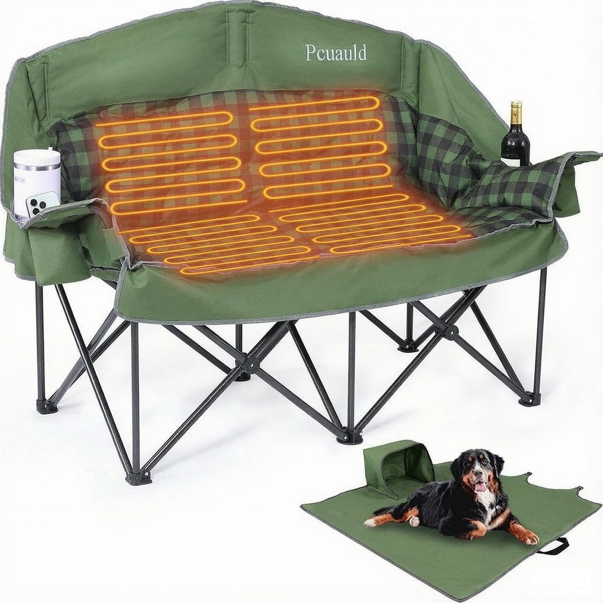 Heated Padded Double Camping Chair with 2 in 1 Carry Bag, 900LBS