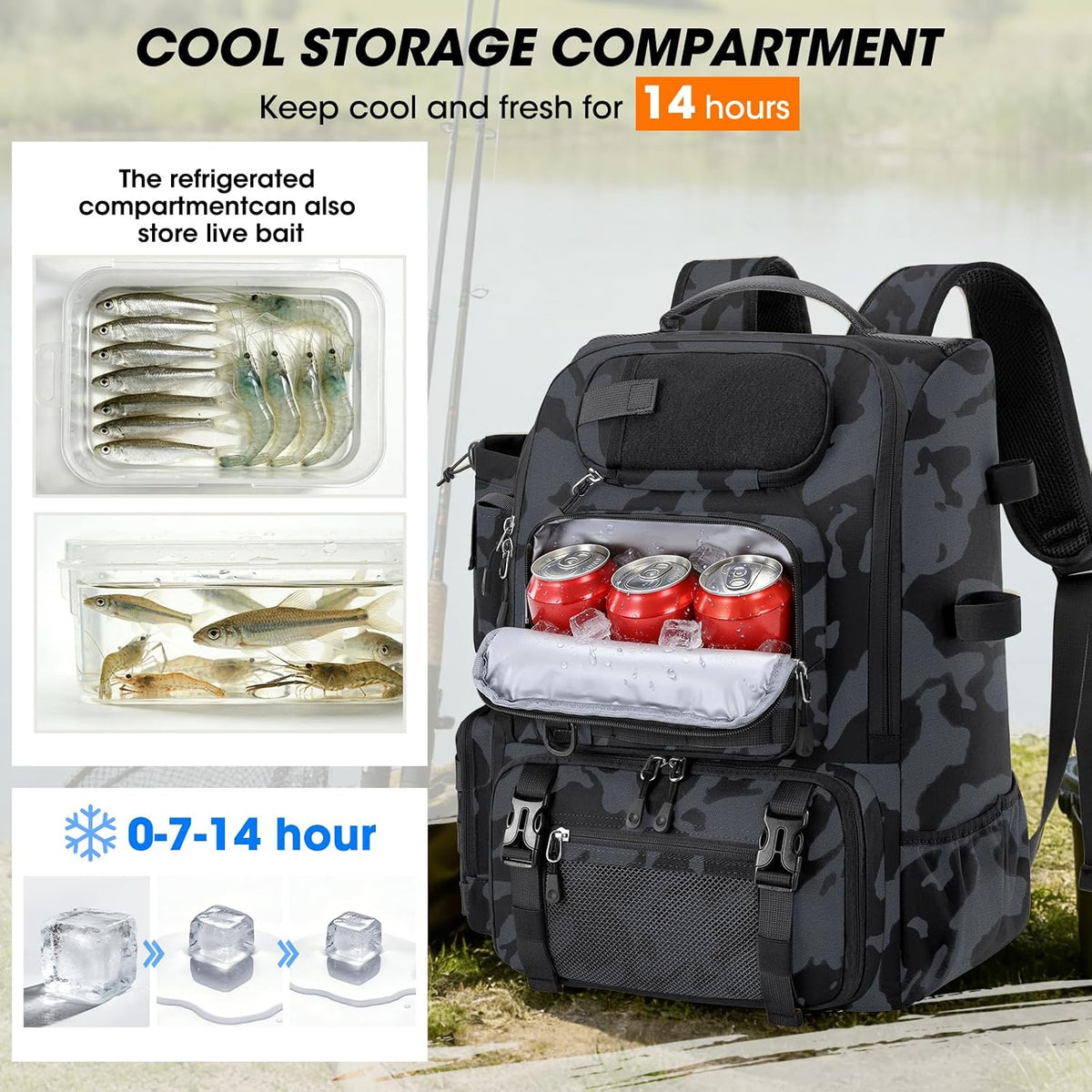RAINSMORE Fishing Backpack 40L Tackle Backpack with Rod Holders & Cooler