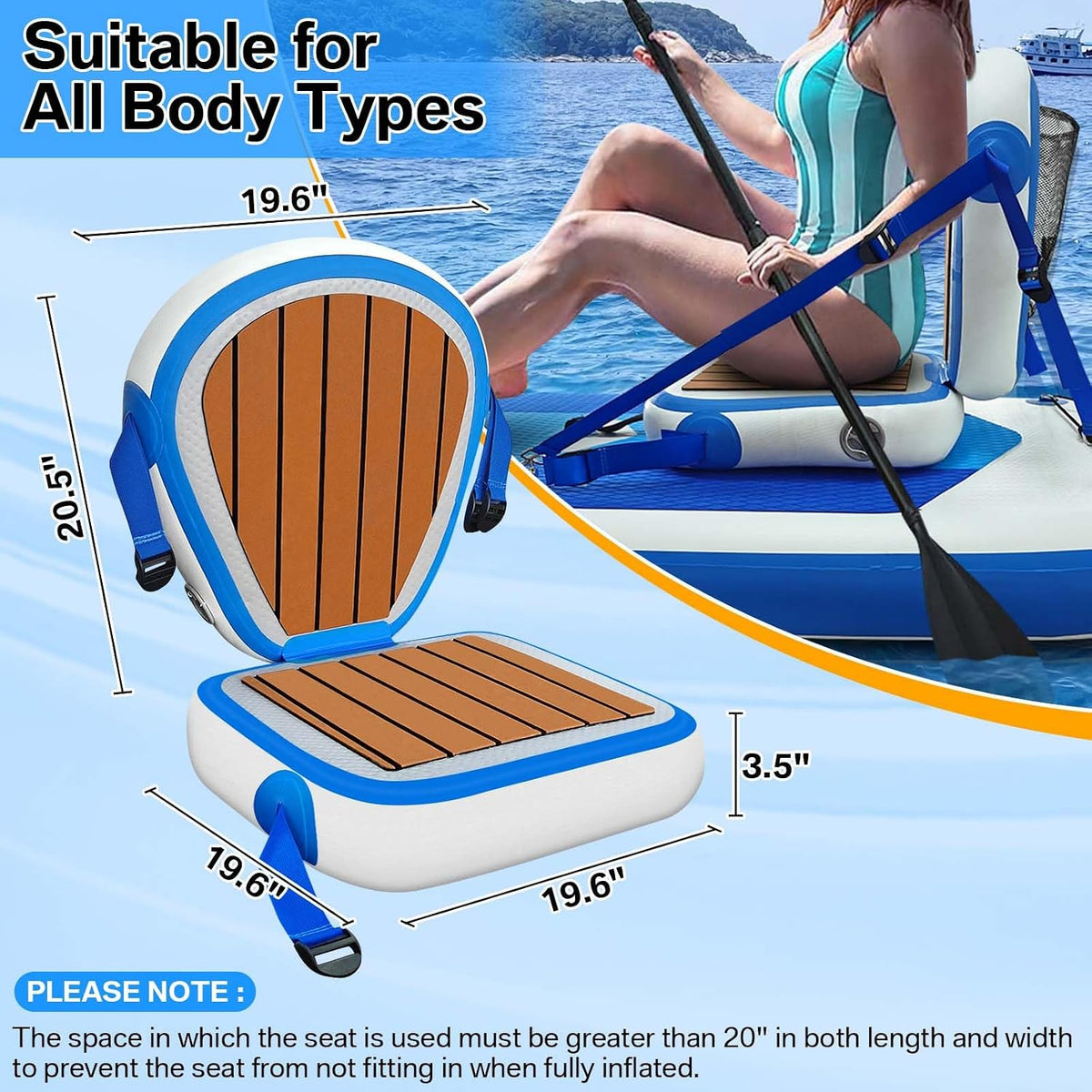 Inflatable Kayak Seat with Back Support, Universal Sturdy Paddle Board Seats for Sit on Top, Adjustable Blow Up Seat with Inflate Nozzle for Kayaking Canoeing Rafting