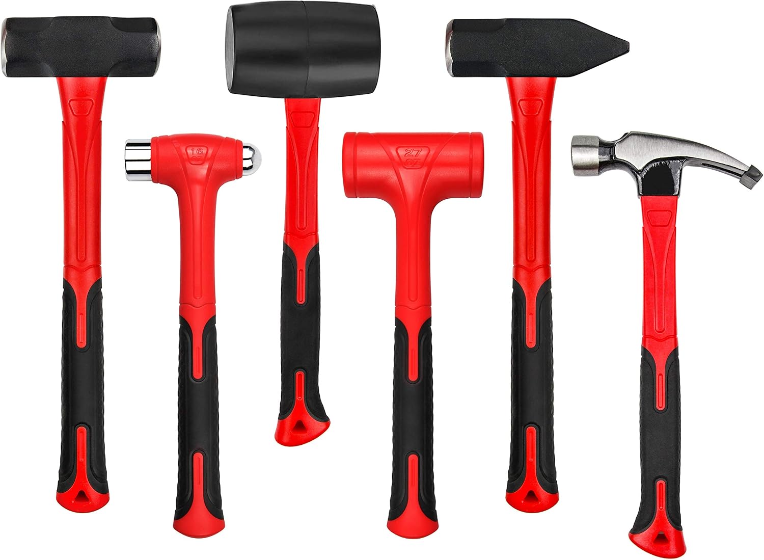 C&T 5-Piece Hammer Set, 16oz Ball Peen Hammer | 32oz Ball Peen Hammer | 32oz Rubber Mallet | 3lb Sledge Hammer | 3lb Cross Peen, Fiberglass Handle & Mallet Set