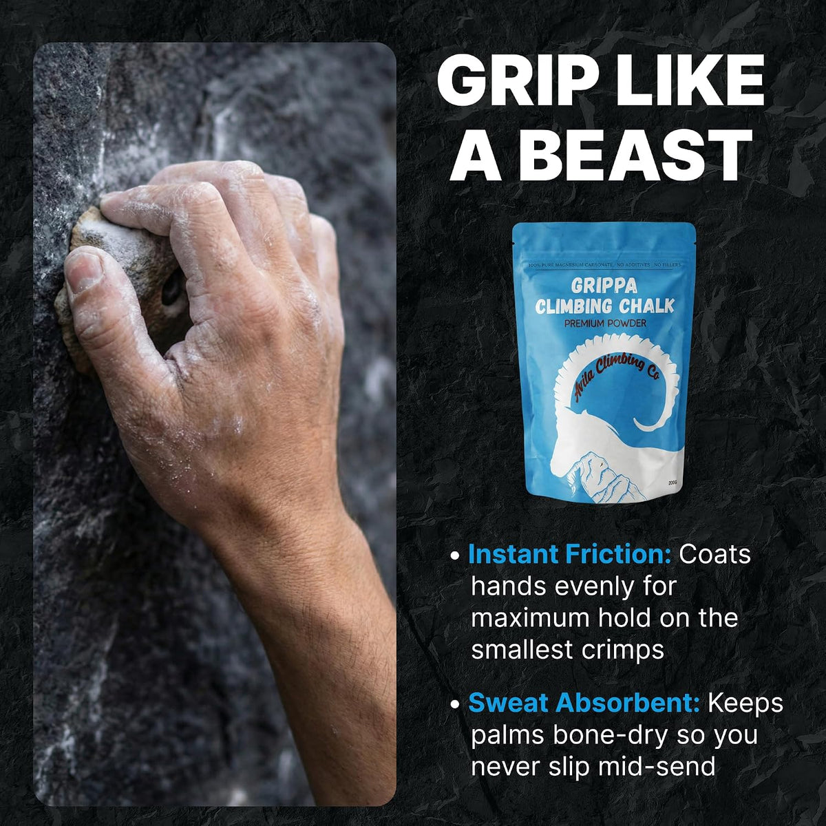 Climbing Chalk 200g, Pro Friction Gymnastics Chalk 100% Magnesium | Non-Toxic Grip for Lifting, Rock Climbing, Gym & Weights! Long Lasting & Skin Friendly