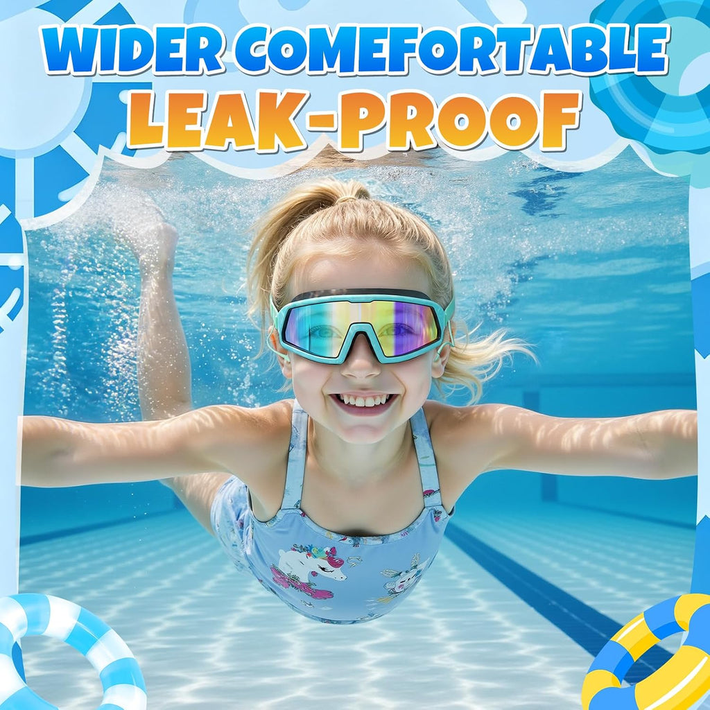 Kids Swim Goggles 2 Pack, Large Frame, Anti-Fog, UV Protection, Leakproof, Wide View, Age 4-14