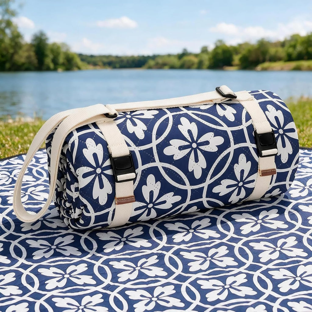 WILLOW WEAVE Large Picnic Blanket Waterproof,Outdoor Blanket - NavyBlue