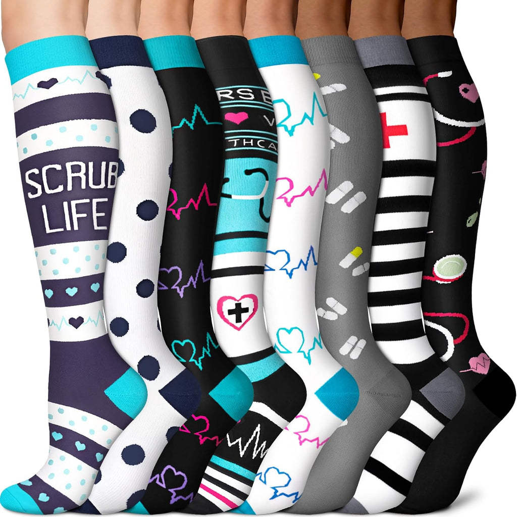 Sooverki Copper Compression Socks for Men & Women 8 Pack 15-20mmHg - Knee High Stockings Best Support for Running Athletic