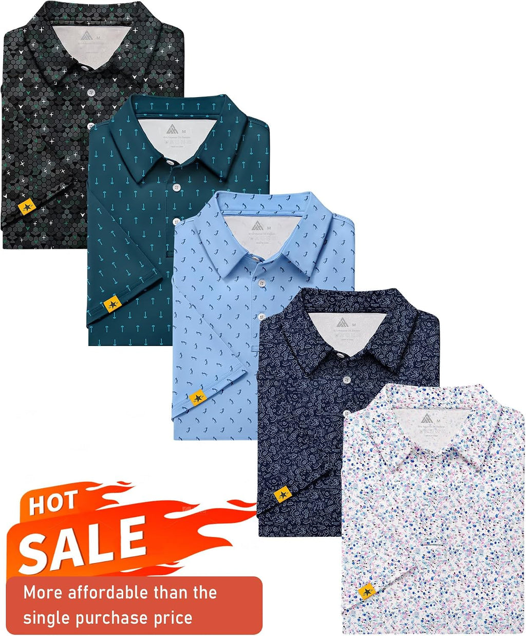 ZITY 5 Pack Mens Golf Shirt Short Sleeve UPF 50+ Print Patterns Casual Polo