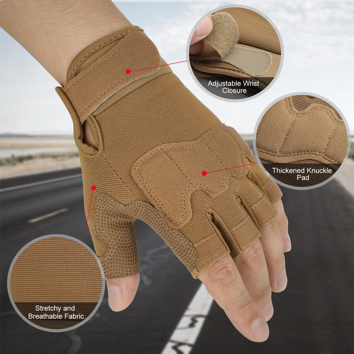 FIORETTO Fingerless Gloves for Men, Breathable Grip Palm Gloves for Motorcycle Riding, Driving, Cycling, Exercise, Workout, Climbing, Hiking and Outdoor Activities M210603