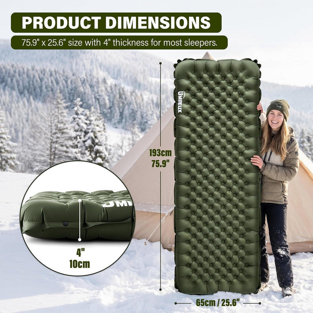 UMINEUX Inflatable Sleeping Pad for Camping, 9.0 R-Value Insulated Camping Pad, Compact All Season Backpacking Sleeping Pad, Lightweight Sleeping Mat for Outdoor Hiking, 75.9 × 25.6in, Green