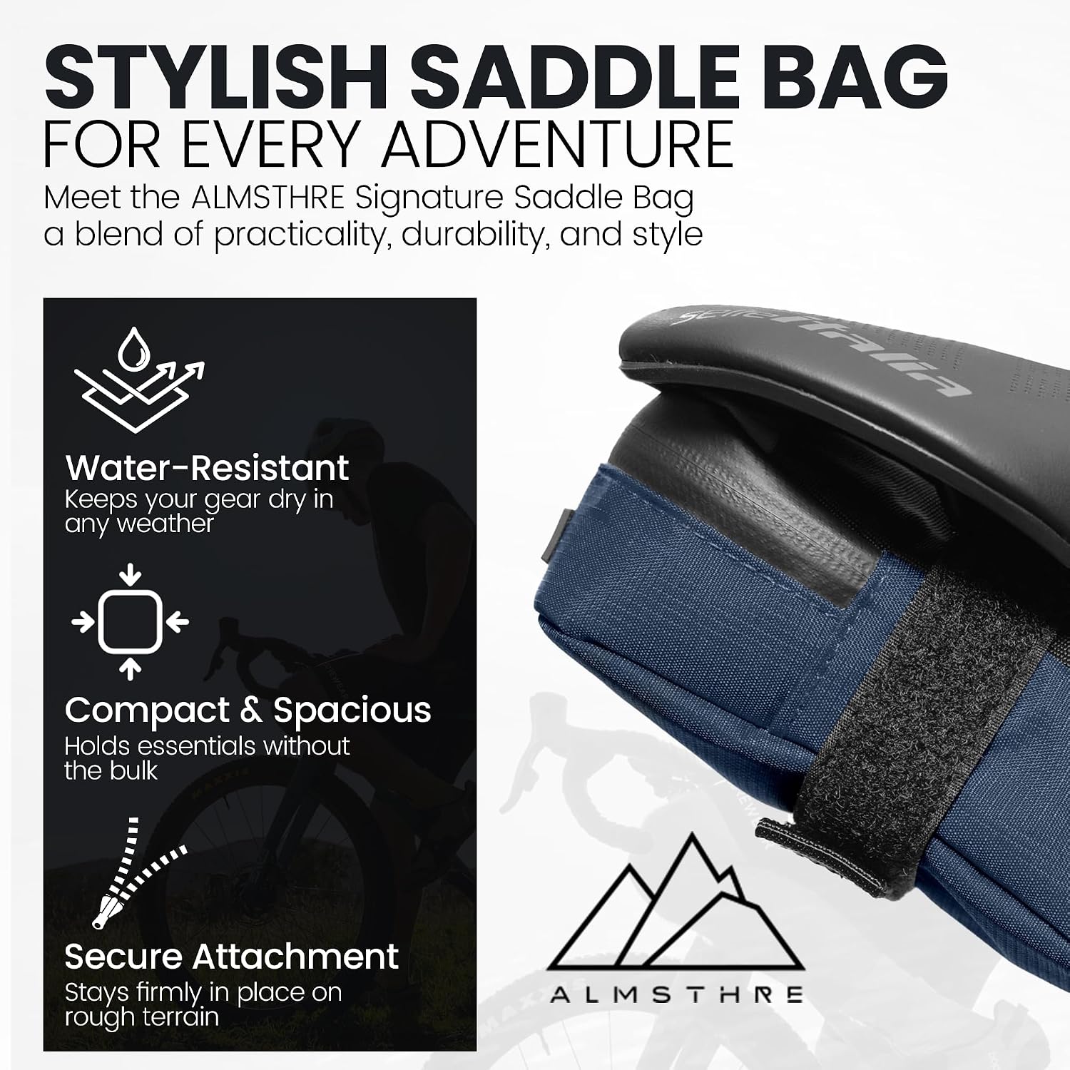 ALMSTHRE Signature Bike Saddle Bag – Cosmic Blue | 0.5L Bike Seat Bag (3" x 5.25" x 2") | Water-Resistant Ripstop, Waterproof Zipper, Internal Pocket | Durable Under Seat Storage