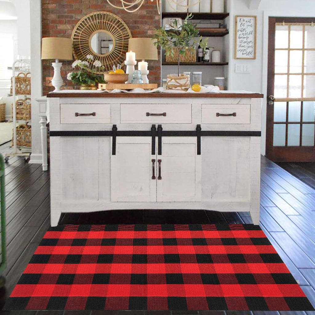 Christmas Door Mat Outdoor 35.4''x59'' Buffalo Plaid Christmas Decor Rug Cotton Hand-Woven Layered Door Mats Washable Carpet for Front Porch, Kitchen, Farmhouse, Entryway