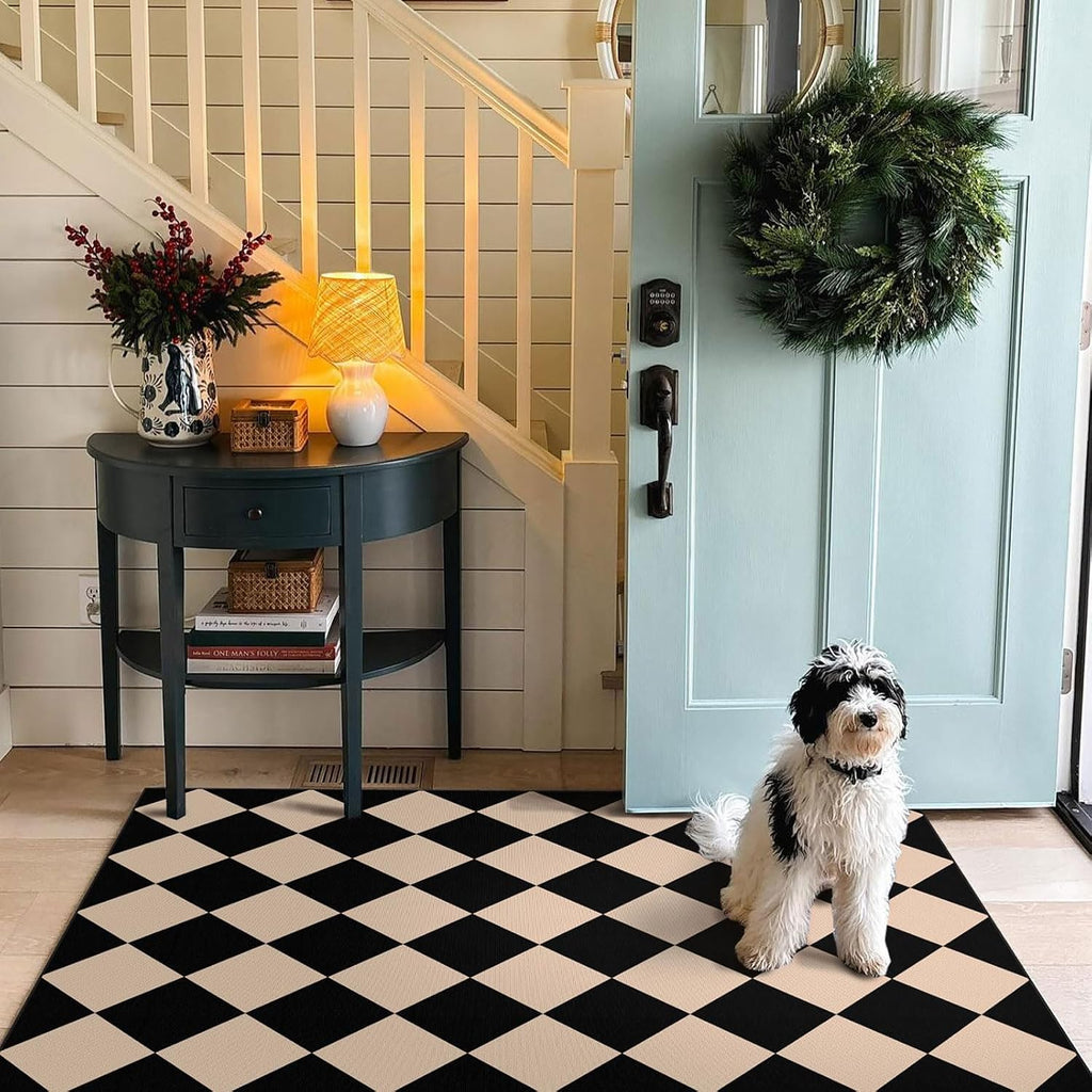 Black Tan Checkered Entry Rug - 3x5 Non-Slip Indoor Outdoor Rugs