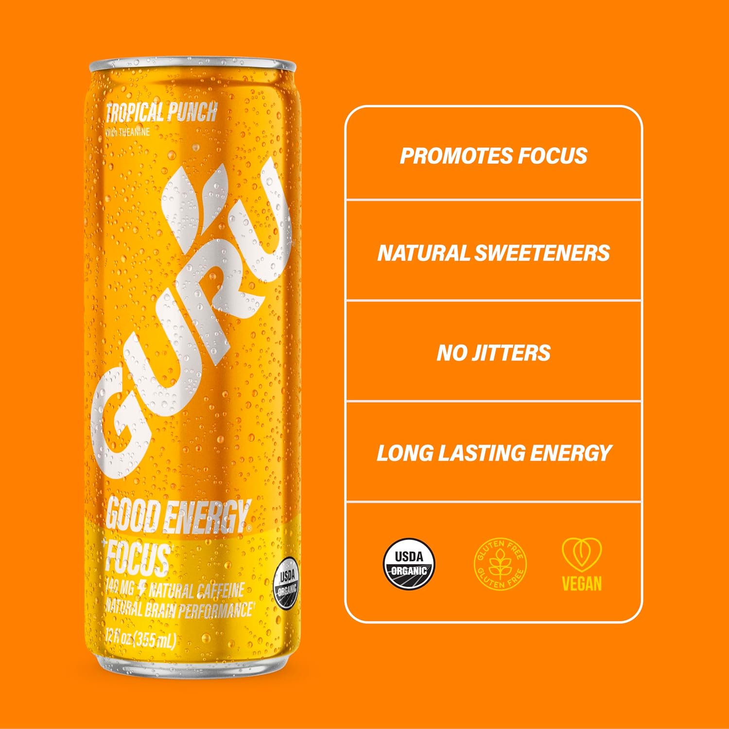 GURU Organic Energy Drink, Tropical Punch, 12 Fl Oz, 12 Pack