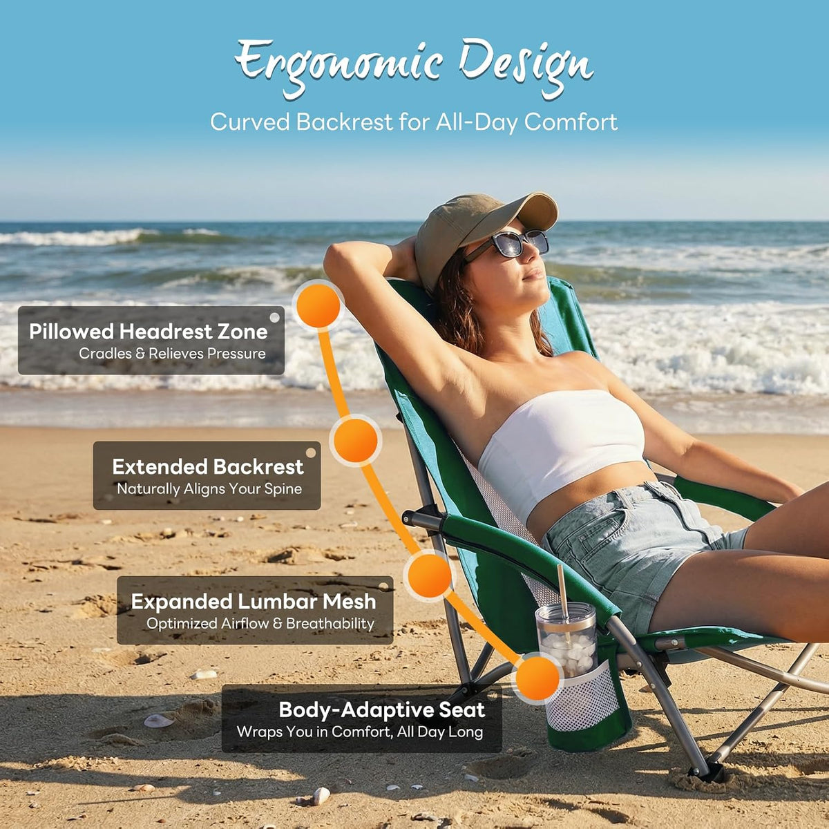 NEWBULIG Low Beach Chair, Folding Camping Chairs, Green