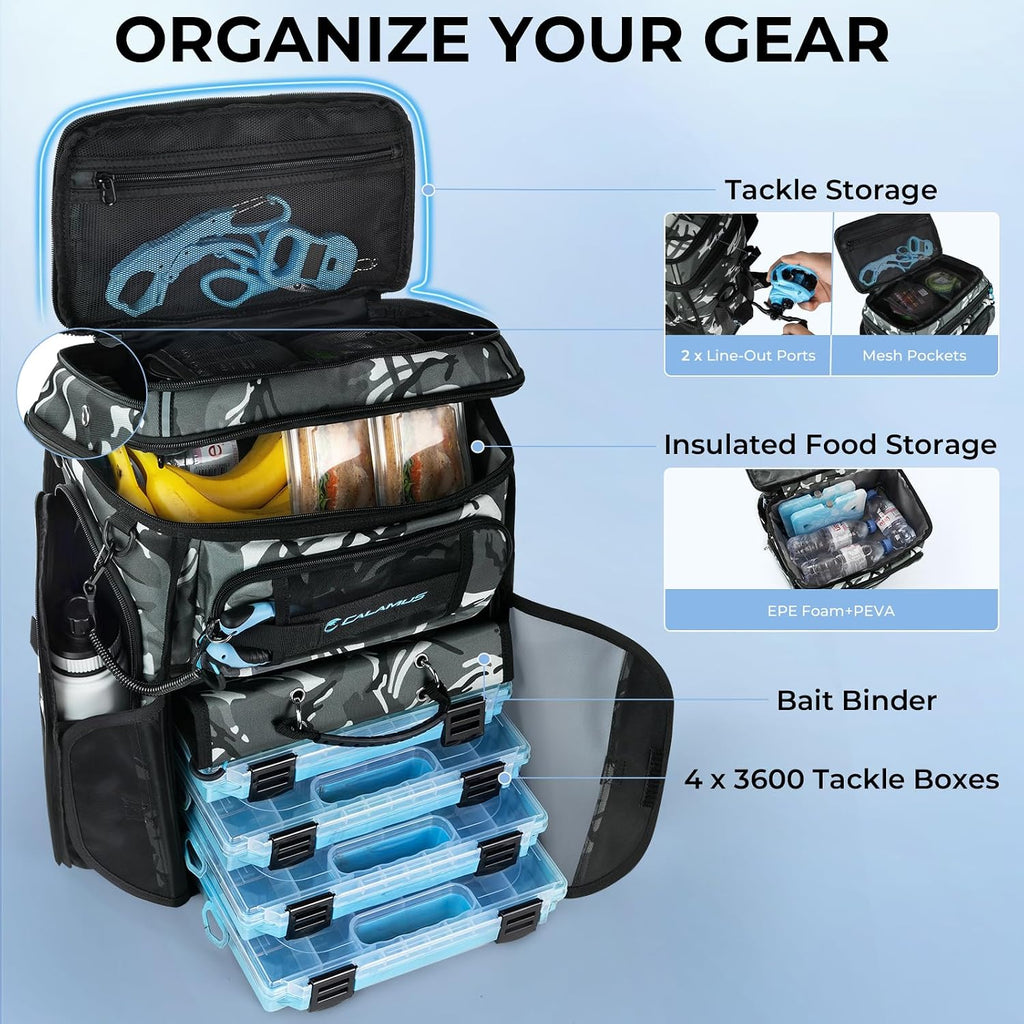 Calamus GearMaster Fishing Backpack with Bait Binder, Black Camo With (4) 3600 Tackle Boxes